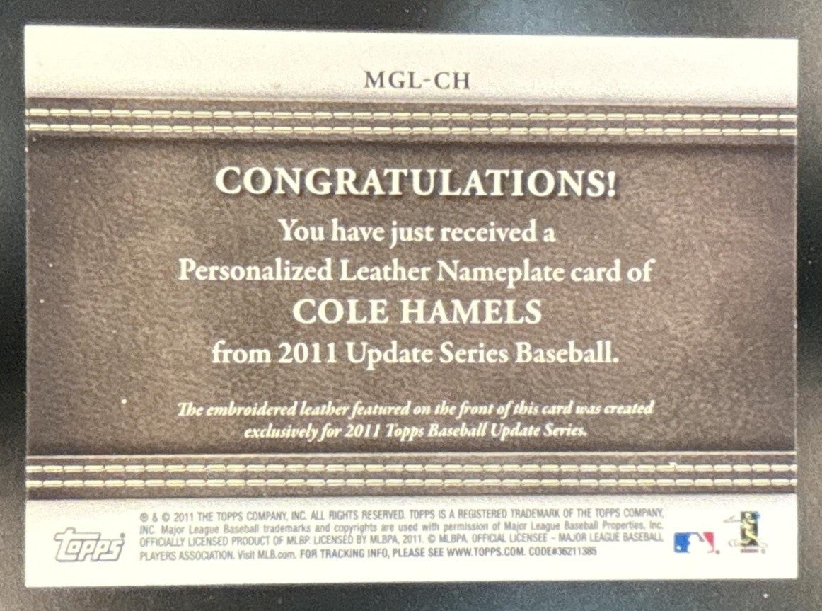 2011 Topps Update Cole Hamels Manufactured Glove Leather Nameplates Phillies - Sports Cards