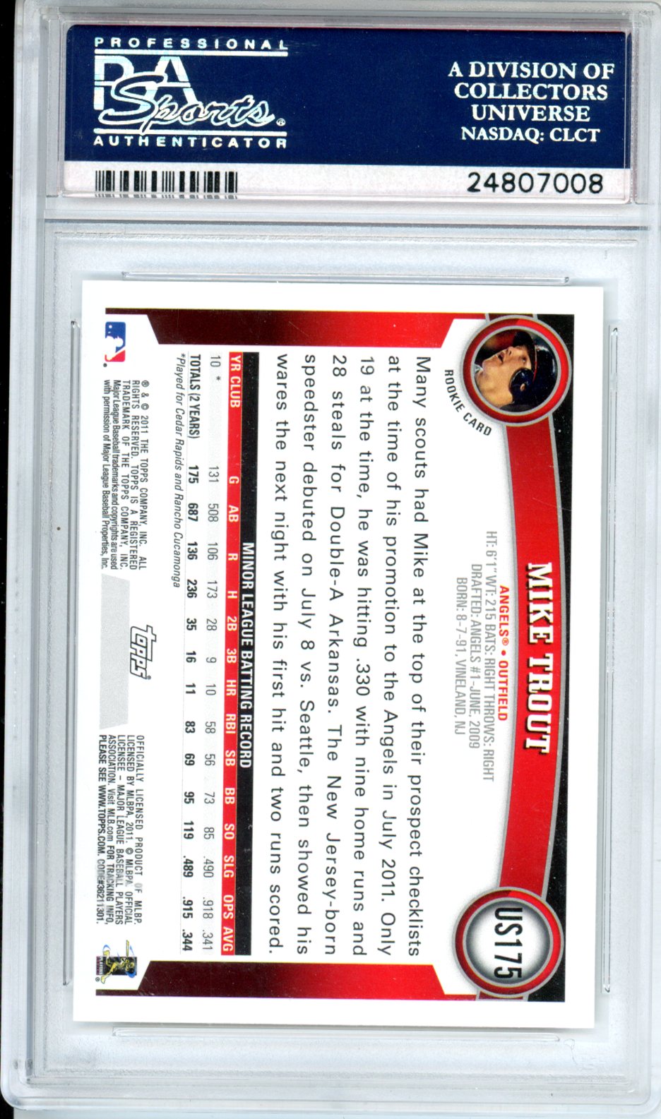 2011 Topps Update Mike Trout Rookie #US175 PSA 10 GEM MINT Anaheim Angels Graded Sports Cards