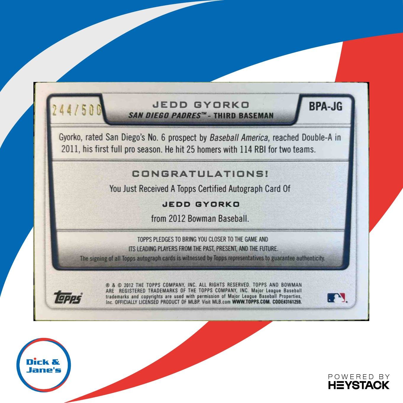 2012 Bowman Jedd Gyorko Prospect Auto Blue 244/500 #BPA-JG San Diego Padres - Sports Cards