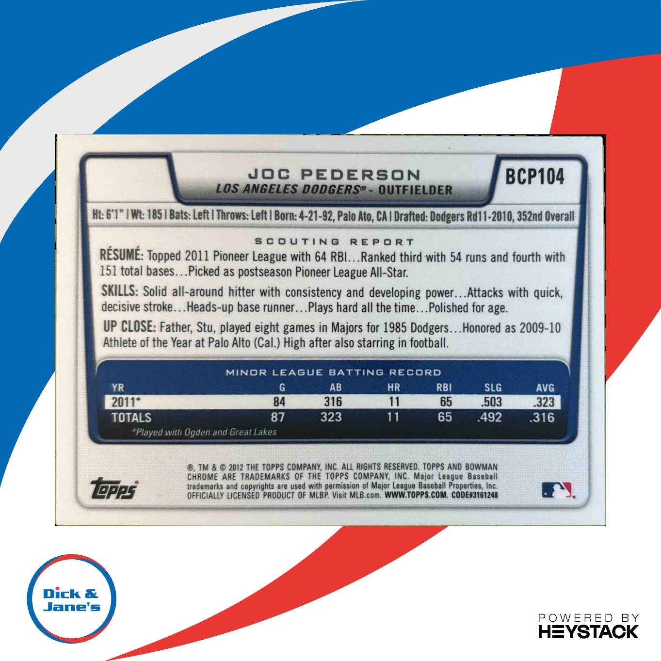 2012 Bowman Joc Pederson Chrome Prospect Auto #BCP104 Los Angeles Dodgers - Sports Cards