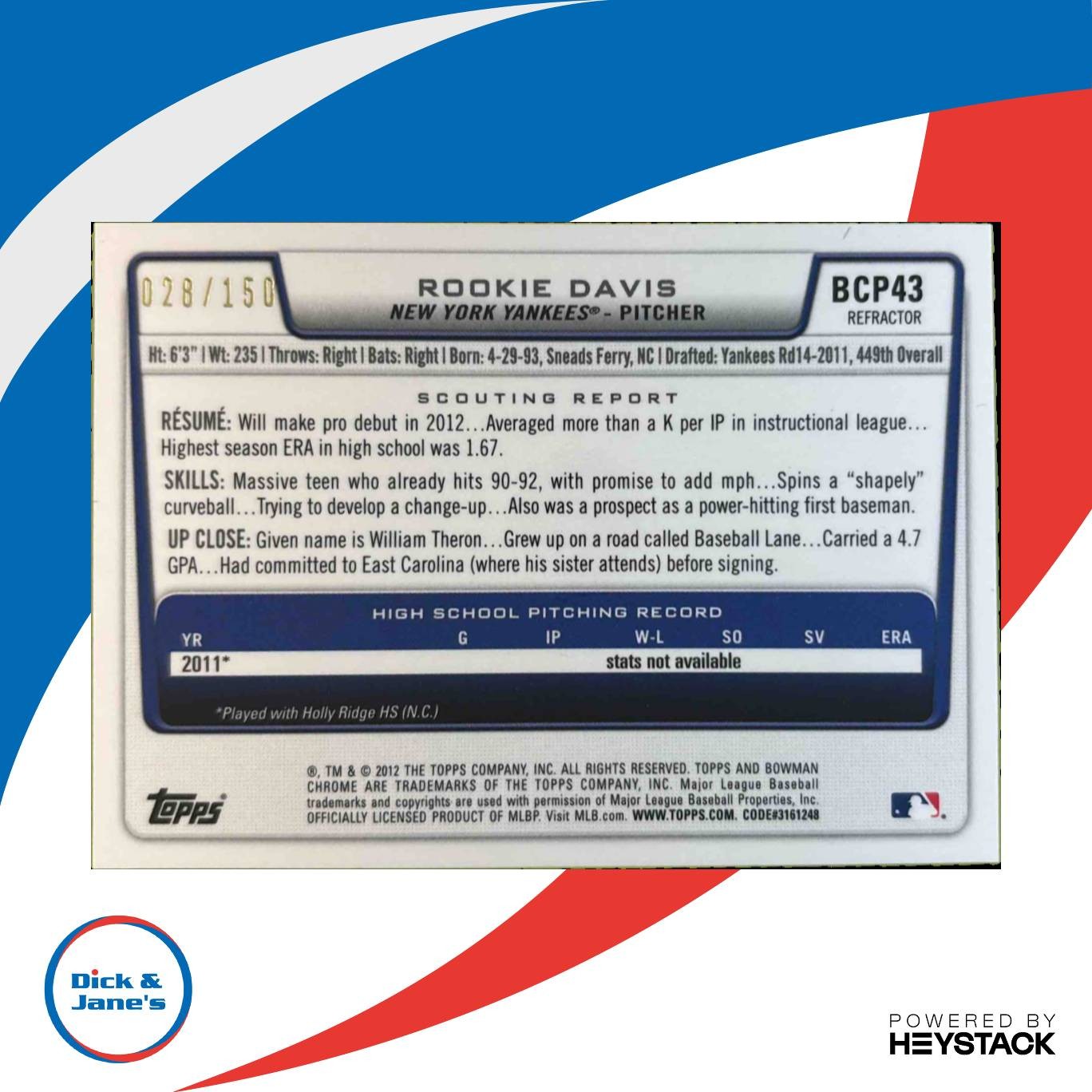 2012 Bowman Rookie Davis Chrome Prospect Auto Blue Refractor /150 #BCP43 Yankees - Sports Cards