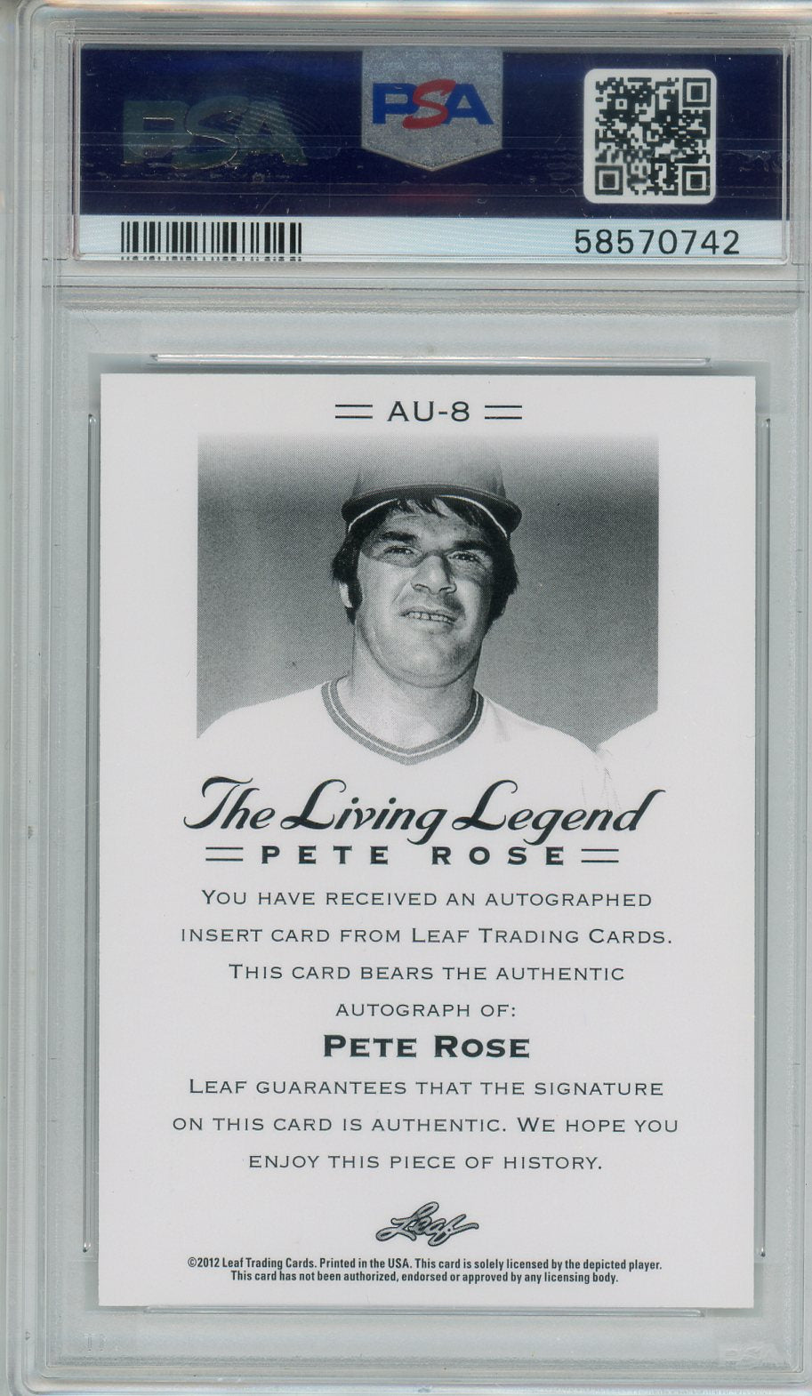 2012 Leaf The Living Legend Autograph Pete Rose Autograph #AU-8 PSA 10 - Graded Sports Cards