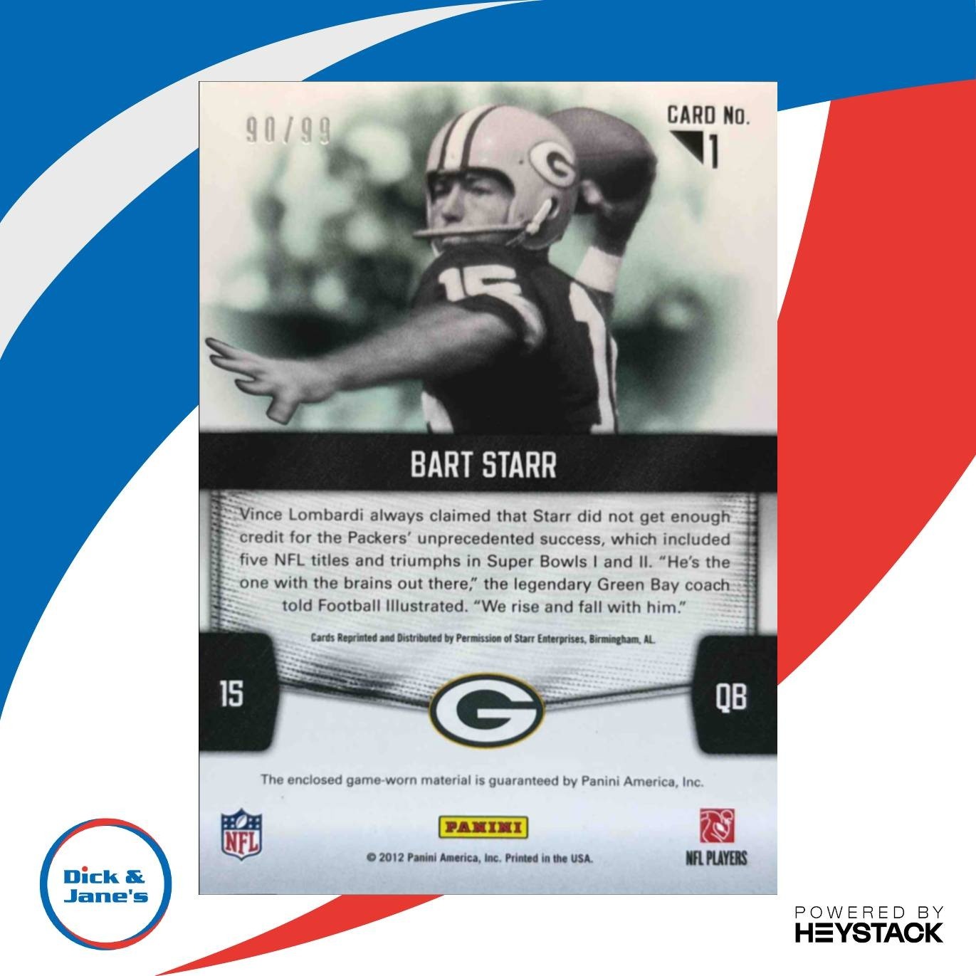 2012 Panini Certified Bart Starr Fabric of the Game 90/99 #1 Green Bay Packers - Sports Cards