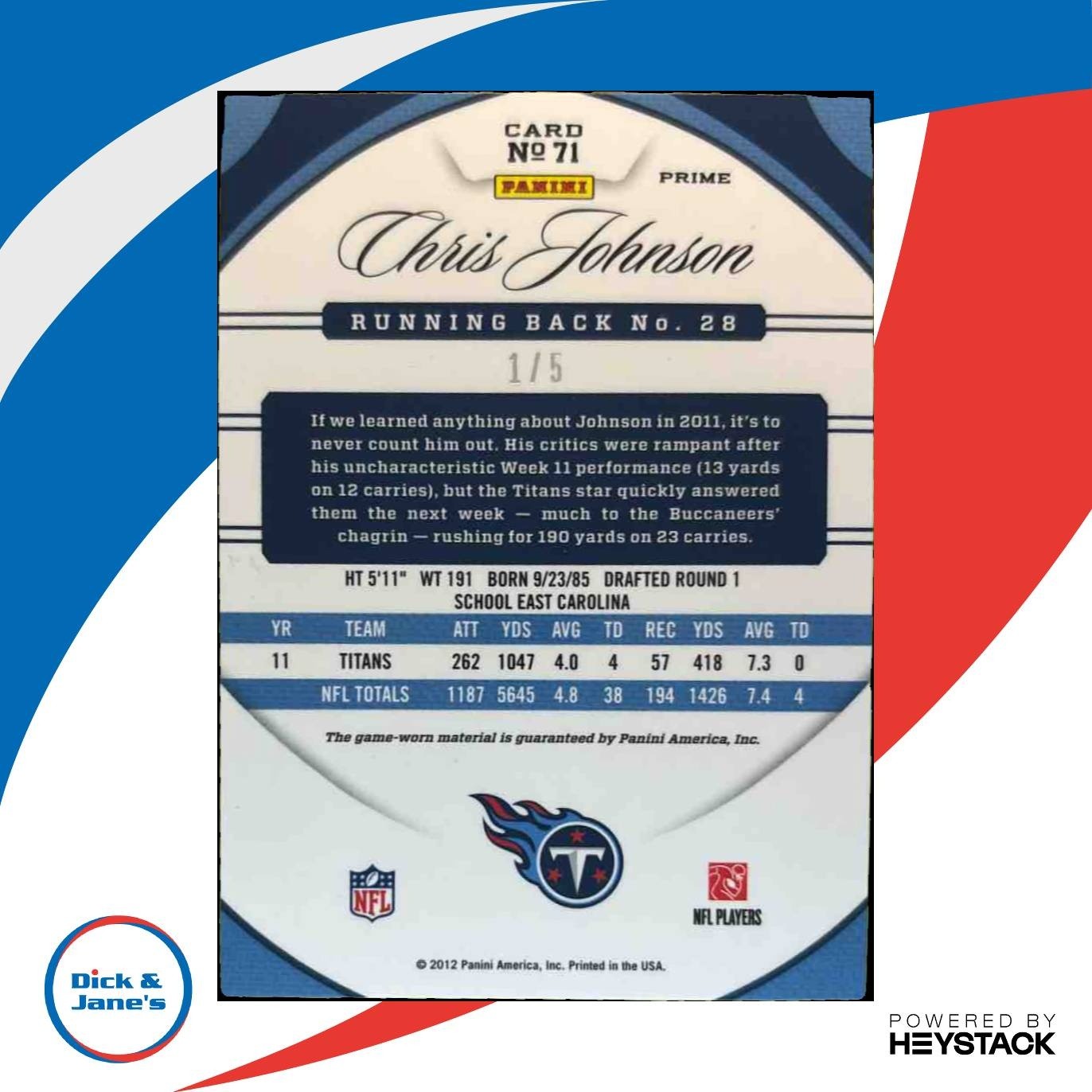 2012 Panini Certified Chris Johnson Mirror Emerald 1/5 #41 Tennessee Titans - Sports Cards