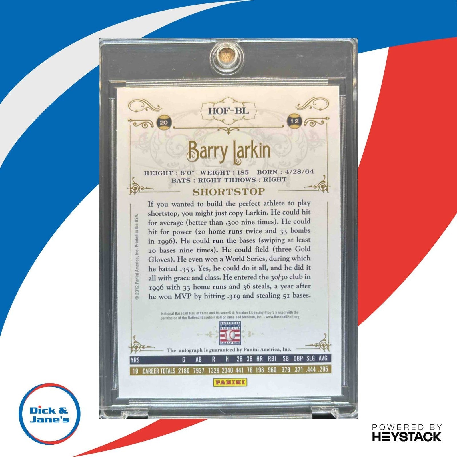 2012 Panini Cooperstown Barry Larkin Signatures /199 HOF-BL Auto Cincinnati Reds - Sports Cards