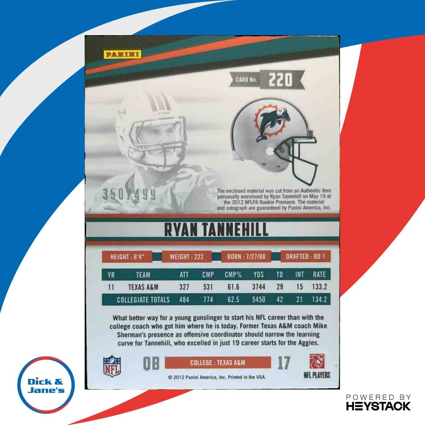 2012 Panini Rookies & Stars Ryan Tannehill /499 #220 RC Auto Patch Dolphins - Sports Cards