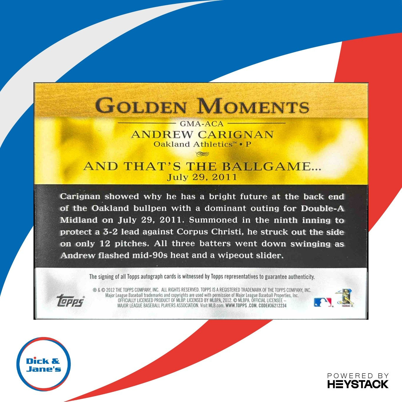 2012 Topps Andrew Carignan Golden Moments Auto #GMA-ACA RC Oakland Athletics - Sports Cards