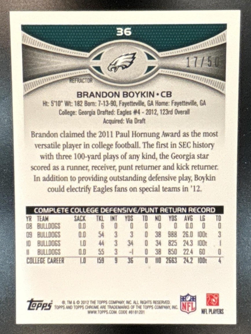 2012 Topps Chrome Brandon Boykin Gold Refractor /50 #36 RC Philadelphia Eagles - Sports Cards