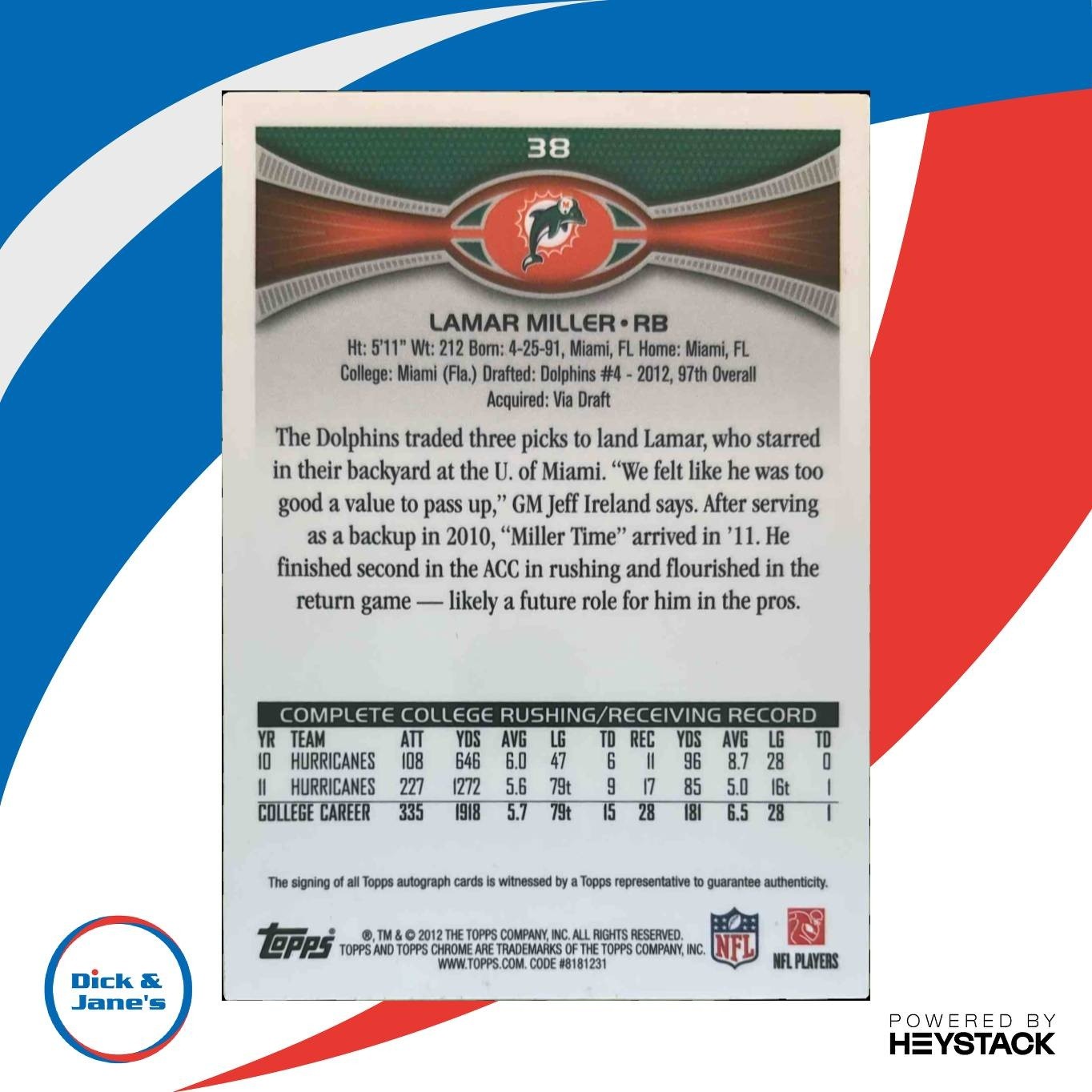 2012 Topps Chrome Lamar Miller Rookie Auto #38 RC Miami Dolphins - Sports Cards