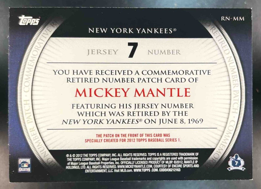2012 Topps Mickey Mantle Retired Number Patches (7) #RN-MM New York Yankees - Sports Cards
