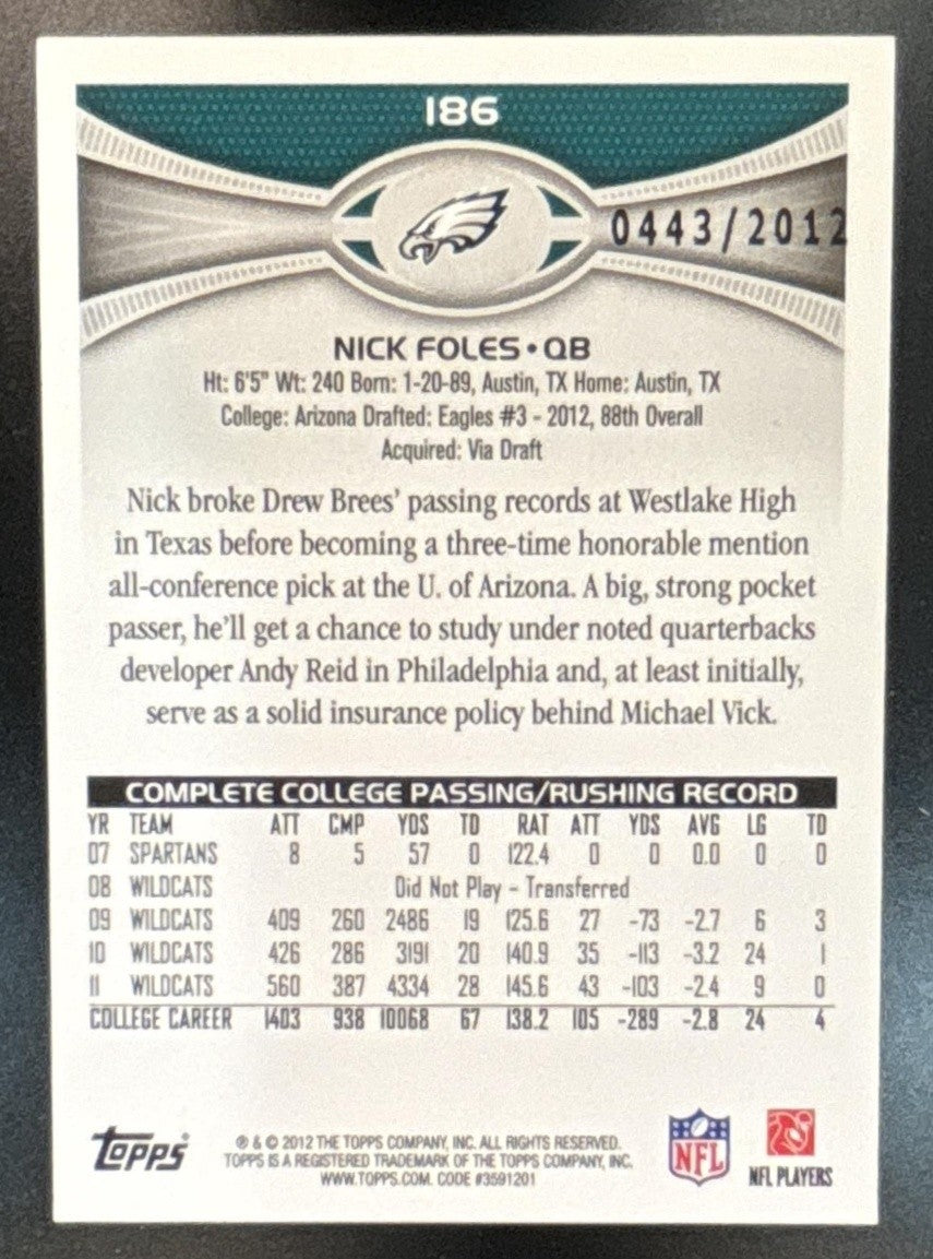 2012 Topps Nick Foles Gold 0443/2012 #186 RC Philadelphia Eagles - Sports Cards