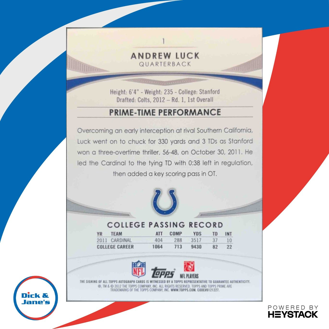 2012 Topps Prime (Hobby) Andrew Luck Rookie Auto /260 #1 RC Indianapolis Colts - Sports Cards