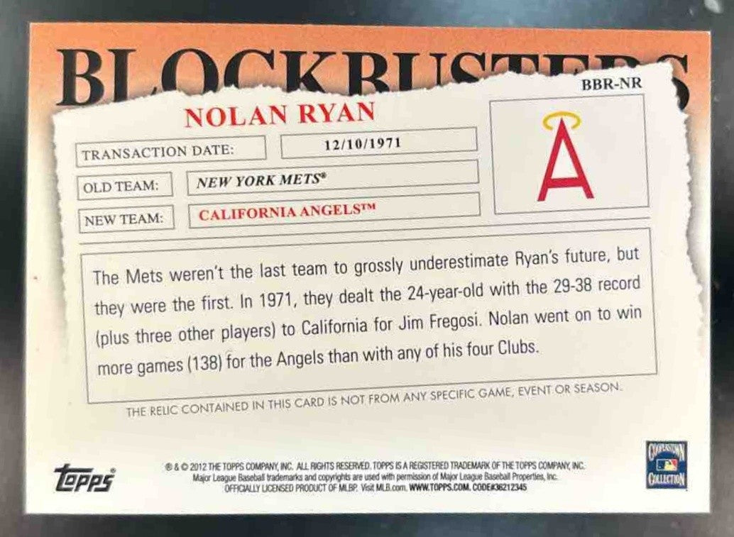 2012 Topps Update Nolan Ryan Blockbusters Relics /50 #BBR-NR California Angels - Sports Cards