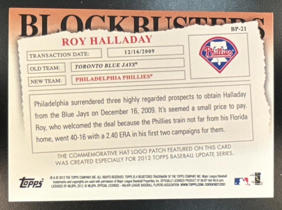 2012 Topps Update Roy Halladay Blockbusters Commemorative Hat Logo Patch Phillie - Sports Cards