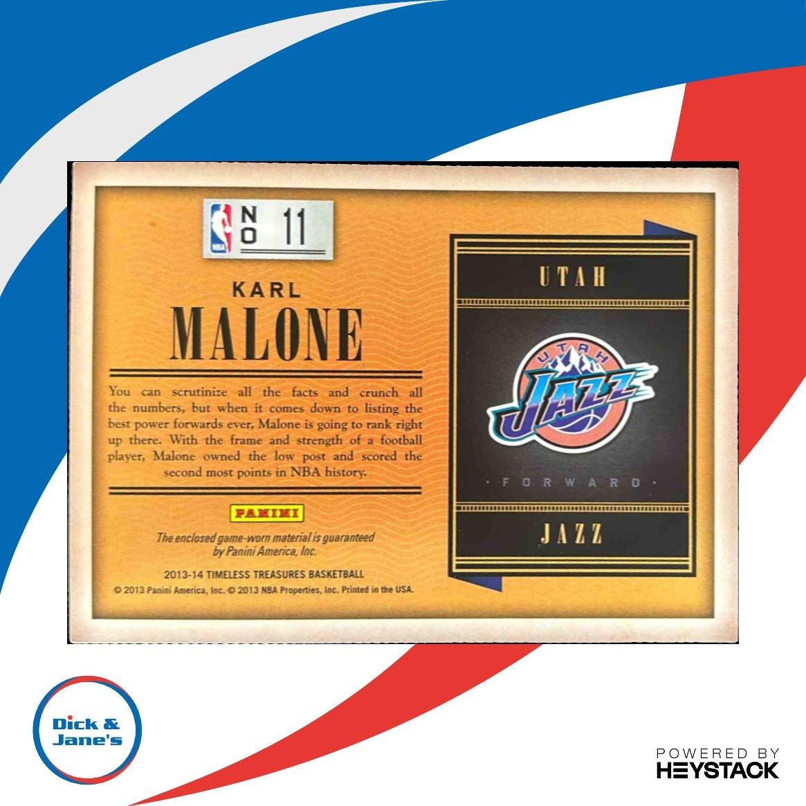 2013-14 Panini Timeless Treasures Karl Malone Treasured Threads MEM Utah Jazz - Sports Cards