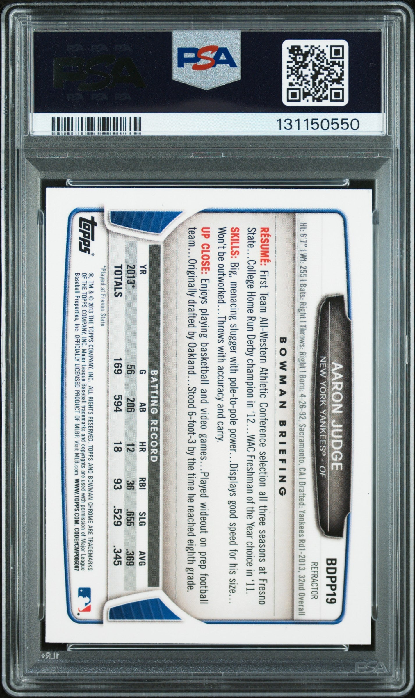 2013 Bowman Chrome Draft Picks Aaron Judge DP Refractor #BDPP19 PSA 10 GEM MINT - Graded Sports Cards
