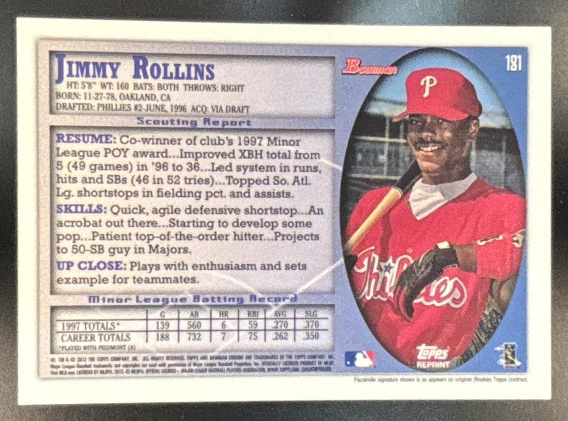 2013 Bowman Chrome Jimmy Rollins Blue Sapphire Refractor Rookie Reprints #181 - Sports Cards