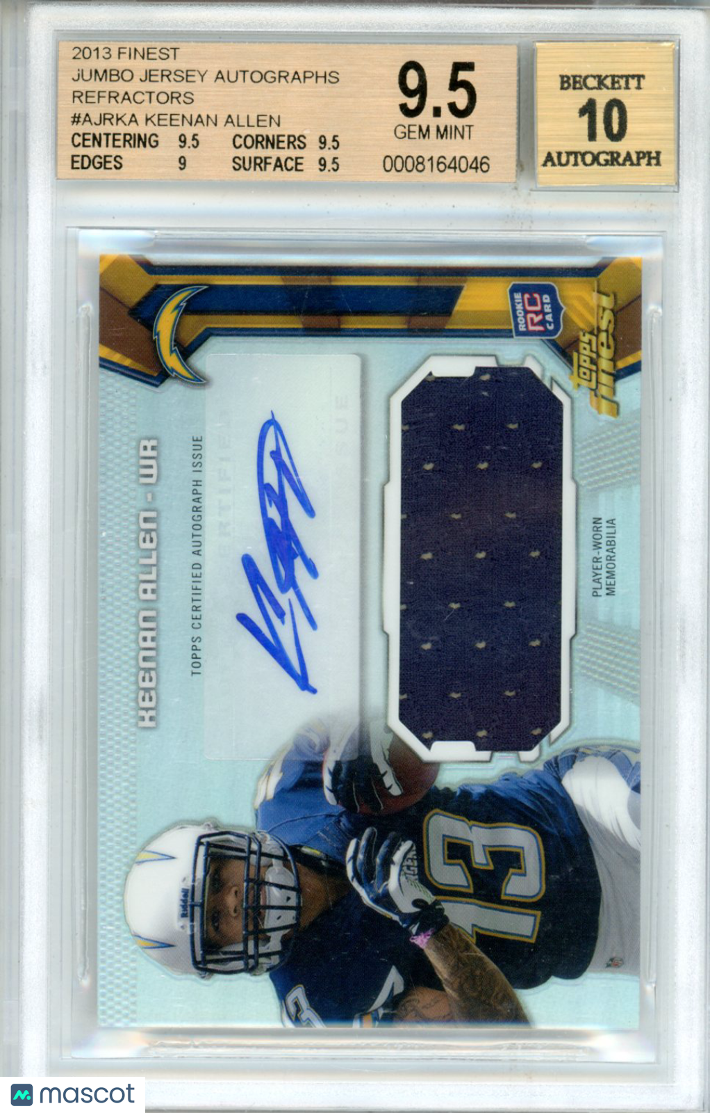 2013 Finest Jumbo Jersey Autographs Refractors Keenan Allen BGS 9.5 AUTO 10 - Graded Sports Cards