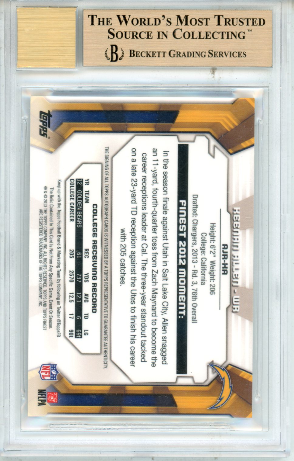 2013 Finest Jumbo Jersey Autographs Refractors Keenan Allen BGS 9.5 AUTO 10 - Graded Sports Cards