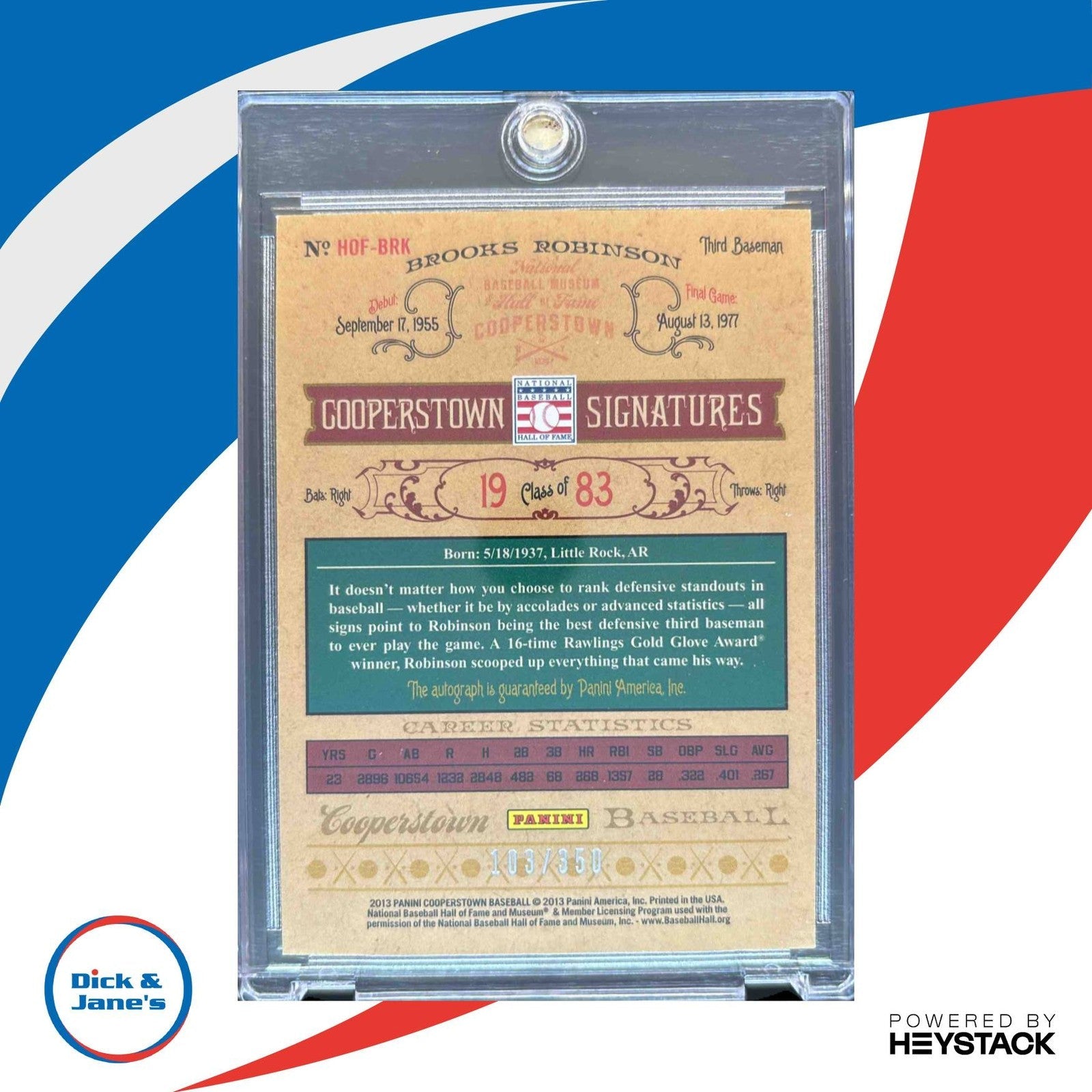 2013 Panini Cooperstown Brooks Robinson Signatures /350 Auto Baltimore Orioles - Sports Cards