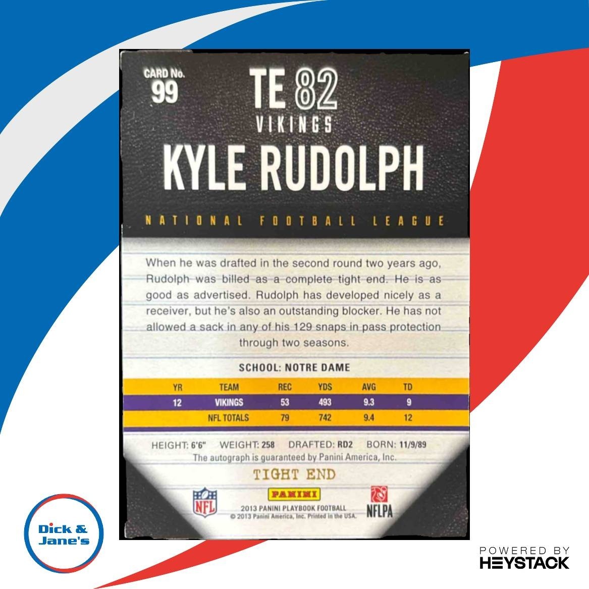 2013 Panini Playbook Kyle Rudolph /82 #99 Auto Minnesota Vikings - Sports Cards