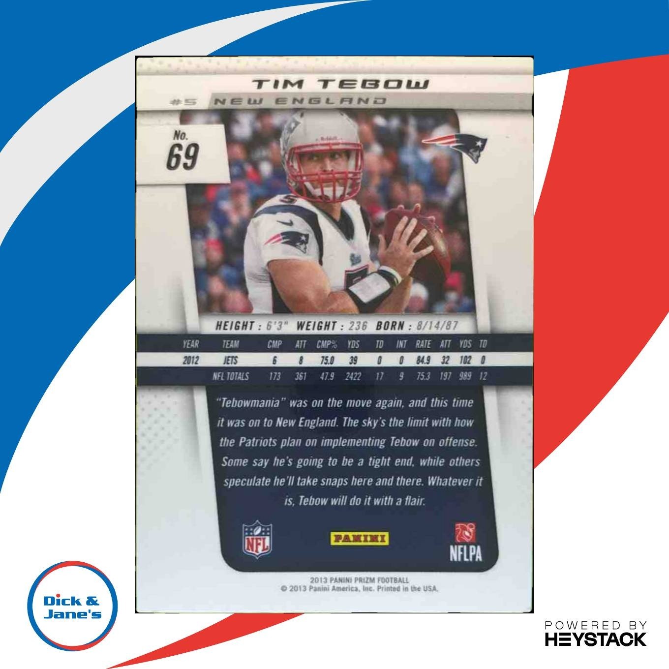 2013 Panini Prizm Tim Tebow #69 New England Patriots - Sports Cards