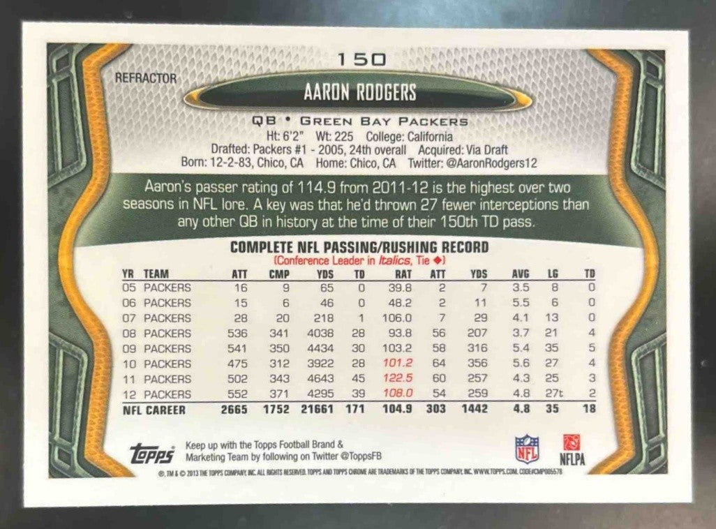 2013 Topps Chrome Aaron Rodgers Xfractors #150 Green Bay Packers - Sports Cards