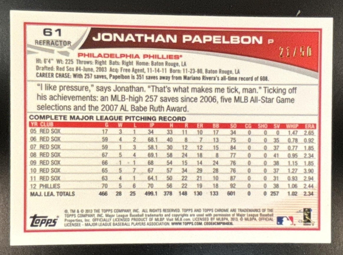2013 Topps Chrome Jonathan Papelbon Gold Refractor /50 #61 Philadelphia Phillies - Sports Cards