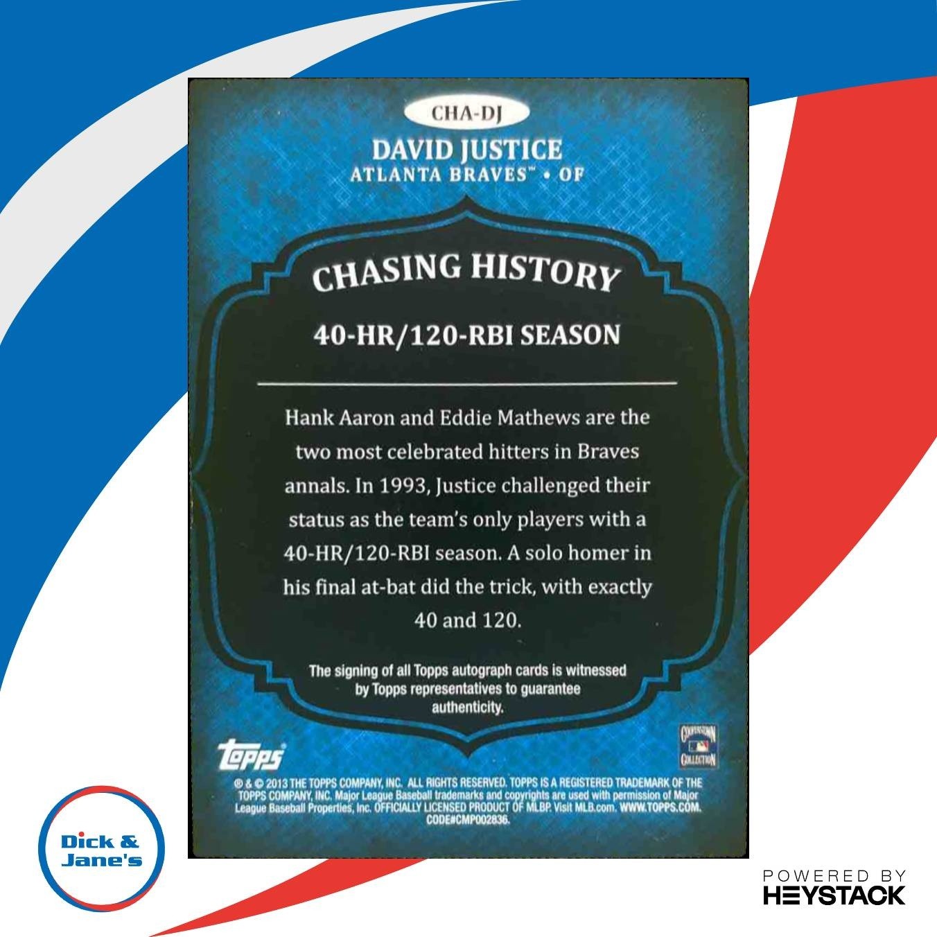 2013 Topps David Justice Chasing History Auto #CHA-DJ Atlanta Braves - Sports Cards