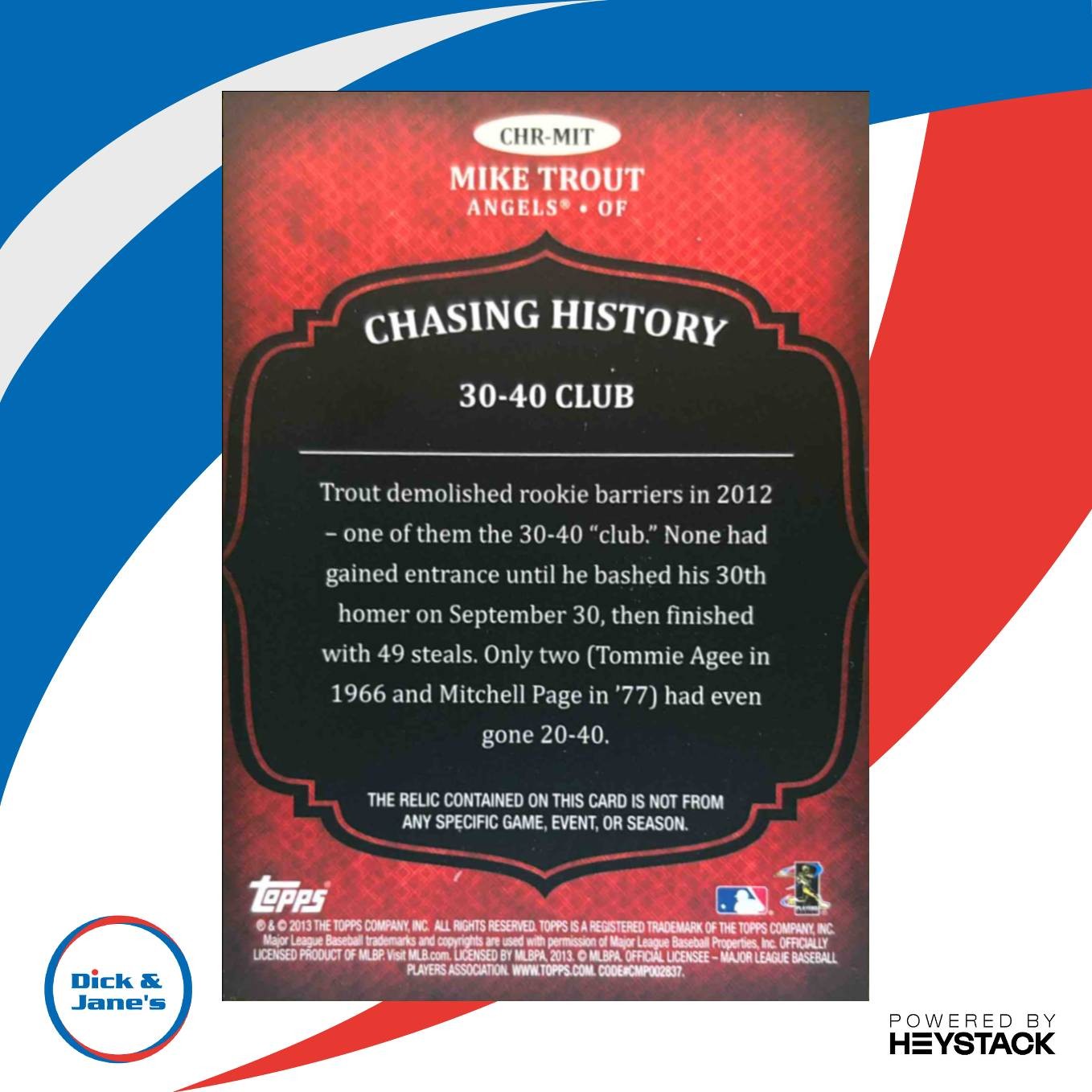 2013 Topps Mike Trout Chasing History Relics #CHR-MIT MEM Los Angeles Angels - Sports Cards