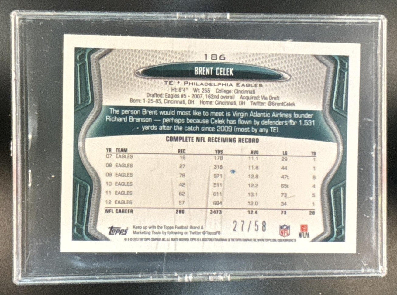 2013 Topps Mini Brent Celek Gold 27/58 #186 Philadelphia Eagles - Sports Cards