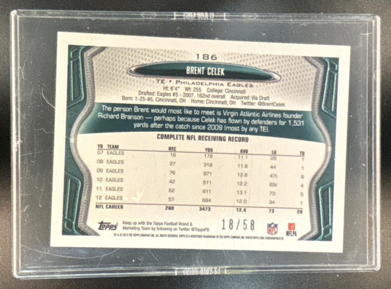2013 Topps Mini Brent Celek Gold /58 #186 Philadelphia Eagles - Sports Cards