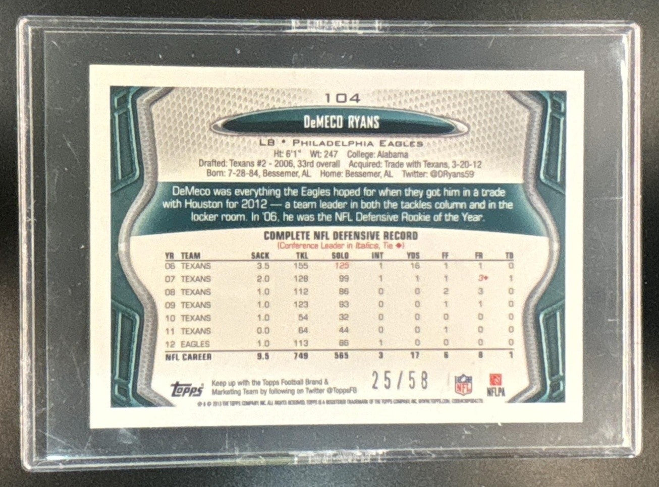 2013 Topps Mini DeMeco Ryans Gold 25/58 #104 Philadelphia Eagles - Sports Cards