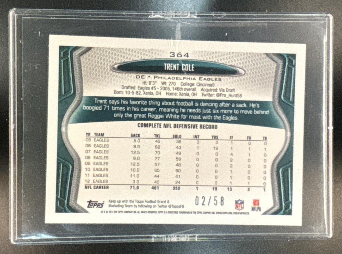 2013 Topps Mini Trent Cole Gold 2/58 #364 Philadelphia Eagles - Sports Cards