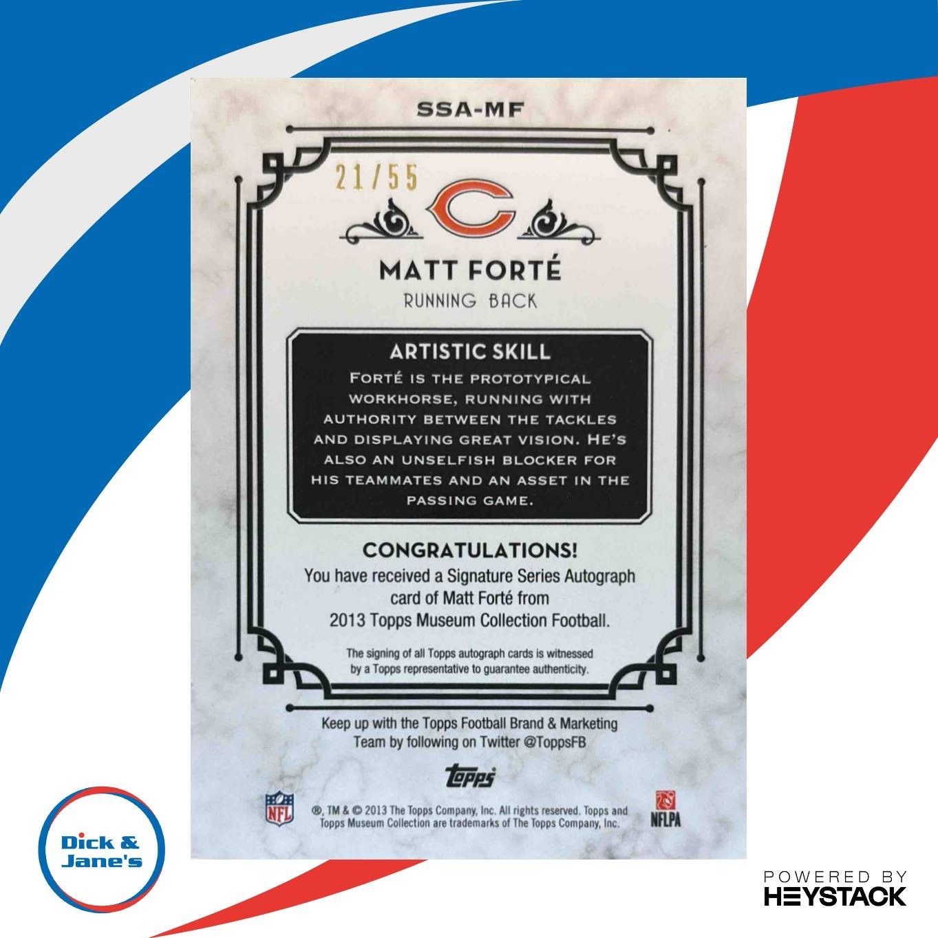 2013 Topps Museum Collection Matt Forte Signature Series /55 Bears - Sports Cards