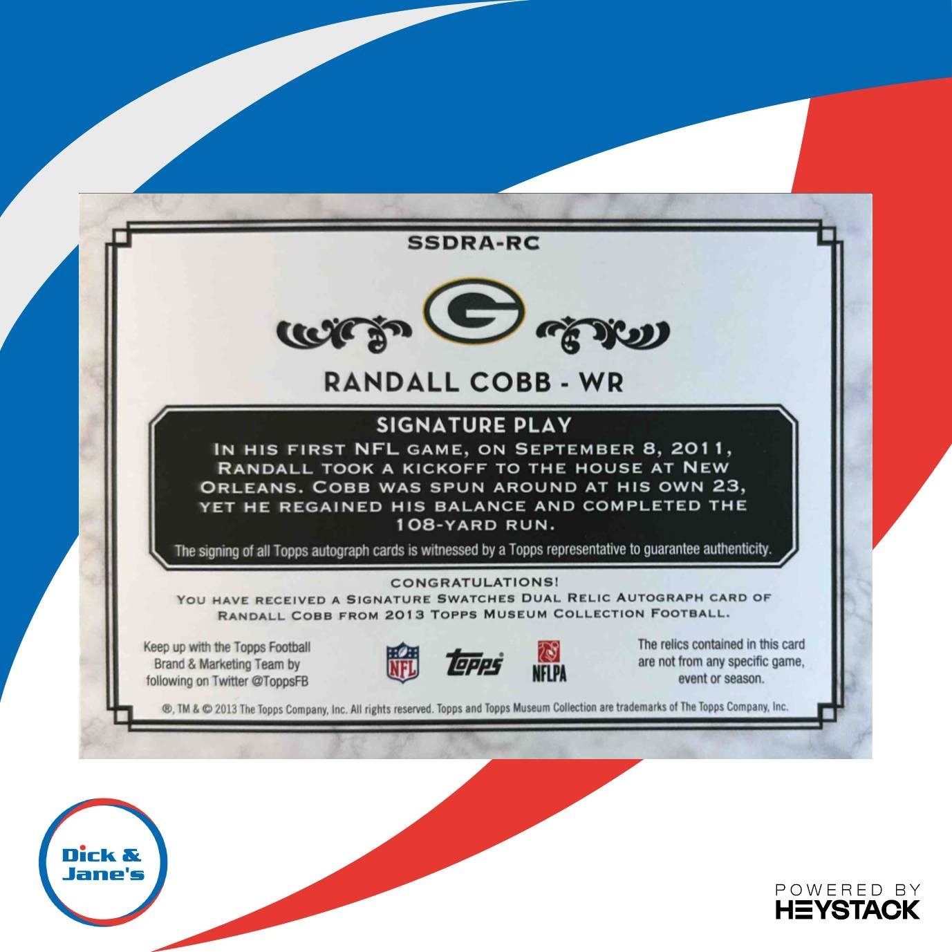 2013 Topps Museum Collection Randall Cobb AUTO Swatches Dual Gold /25 Packers - Sports Cards