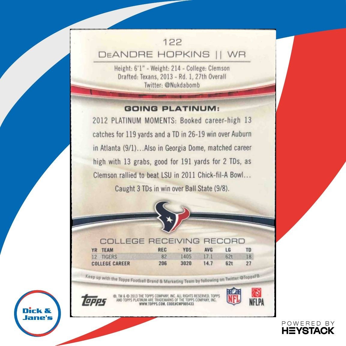 2013 Topps Platinum DeAndre Hopkins Flame Refractor #122 RC Houston Texans - Sports Cards