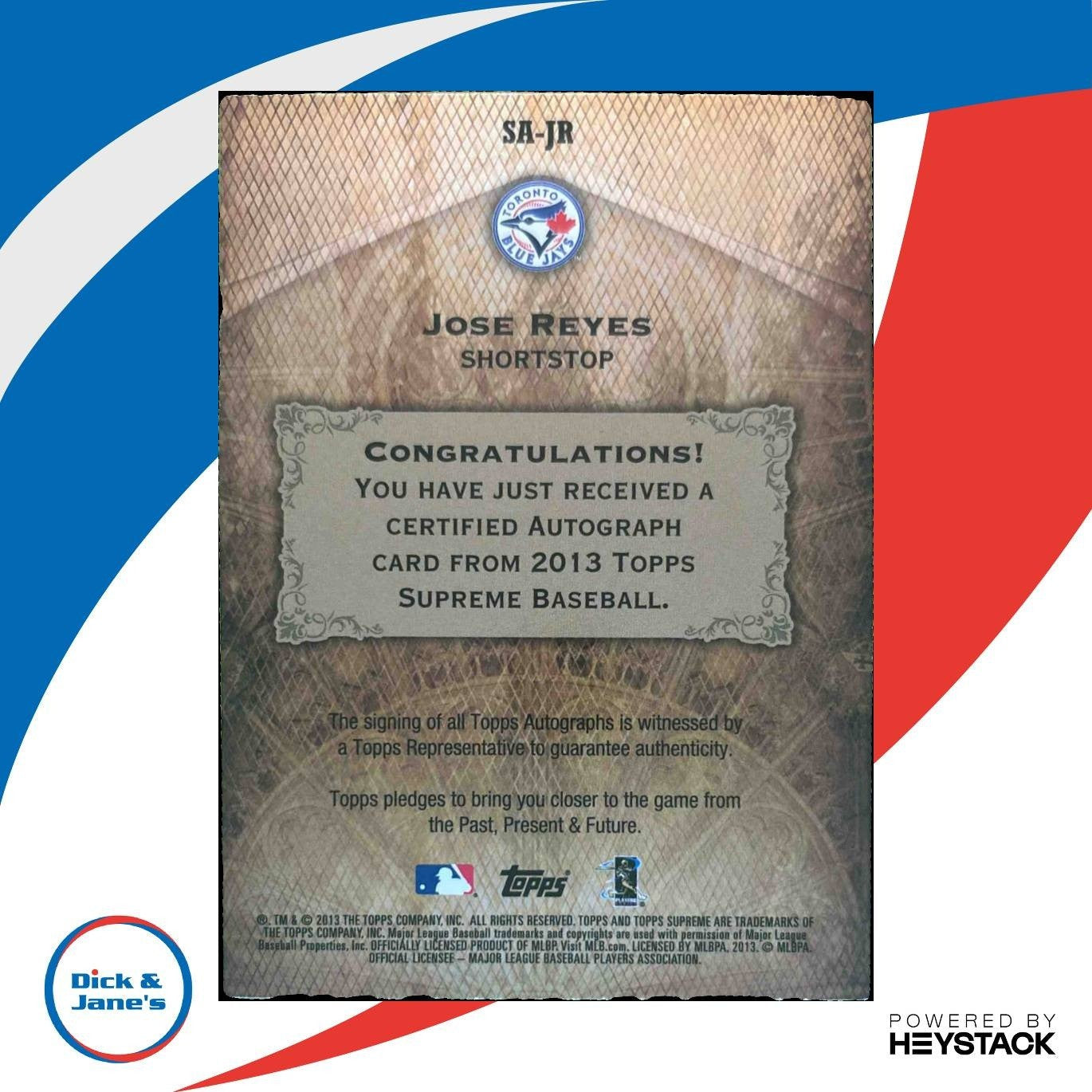 2013 Topps Supreme Jose Reyes Blue /20 #SA-JR Auto Toronto Jays - Sports Cards