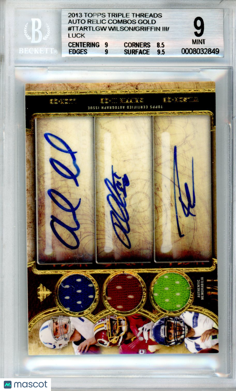 2013 Triple Threads Autographed Relic Combos Luck/Griffin/Wilson BGS 9 AUTO 10 - Graded Sports Cards