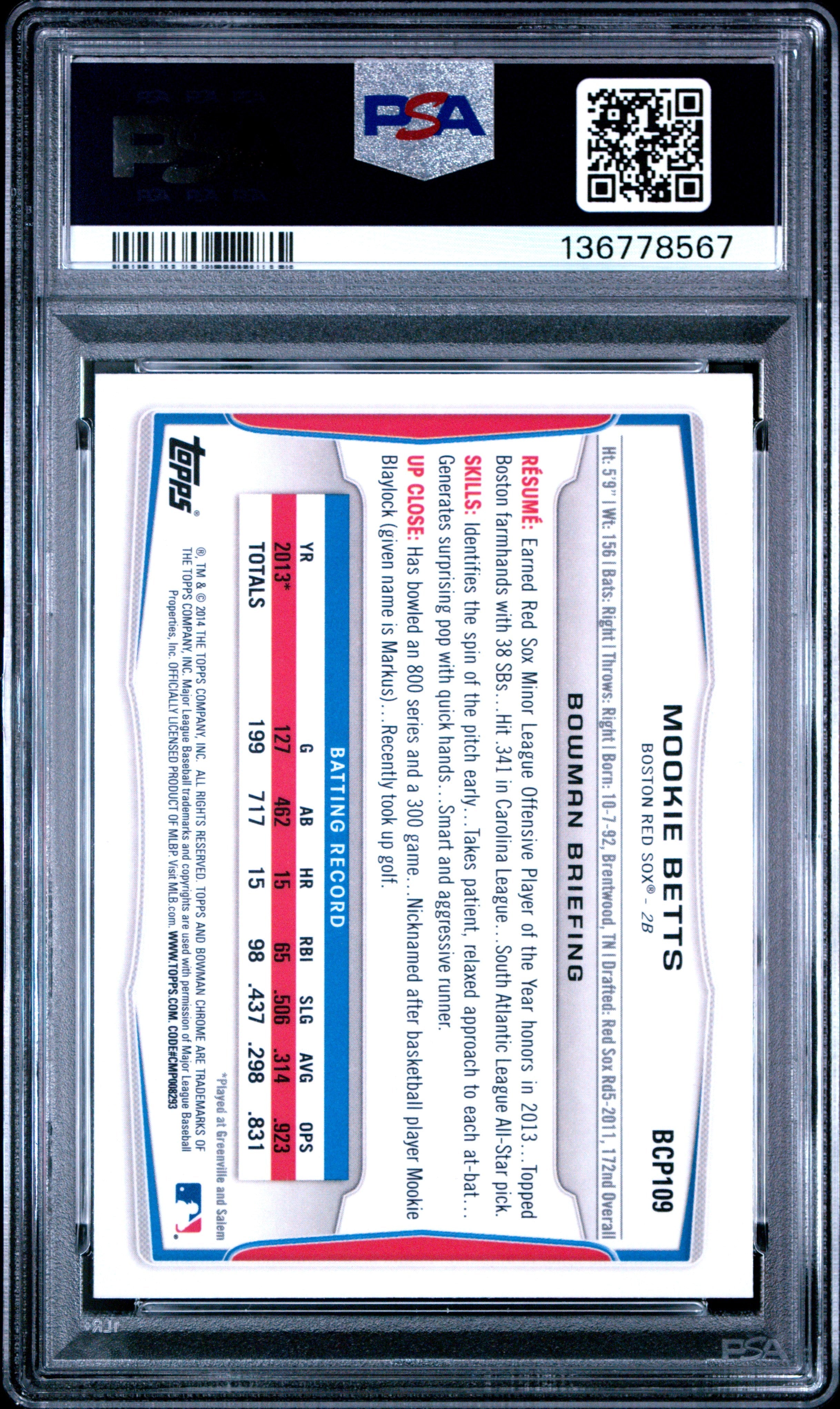2014 Bowman Chrome Prospects Mookie Betts PSA 10 GEM MINT Dodgers 1st Bowman - Graded Sports Cards