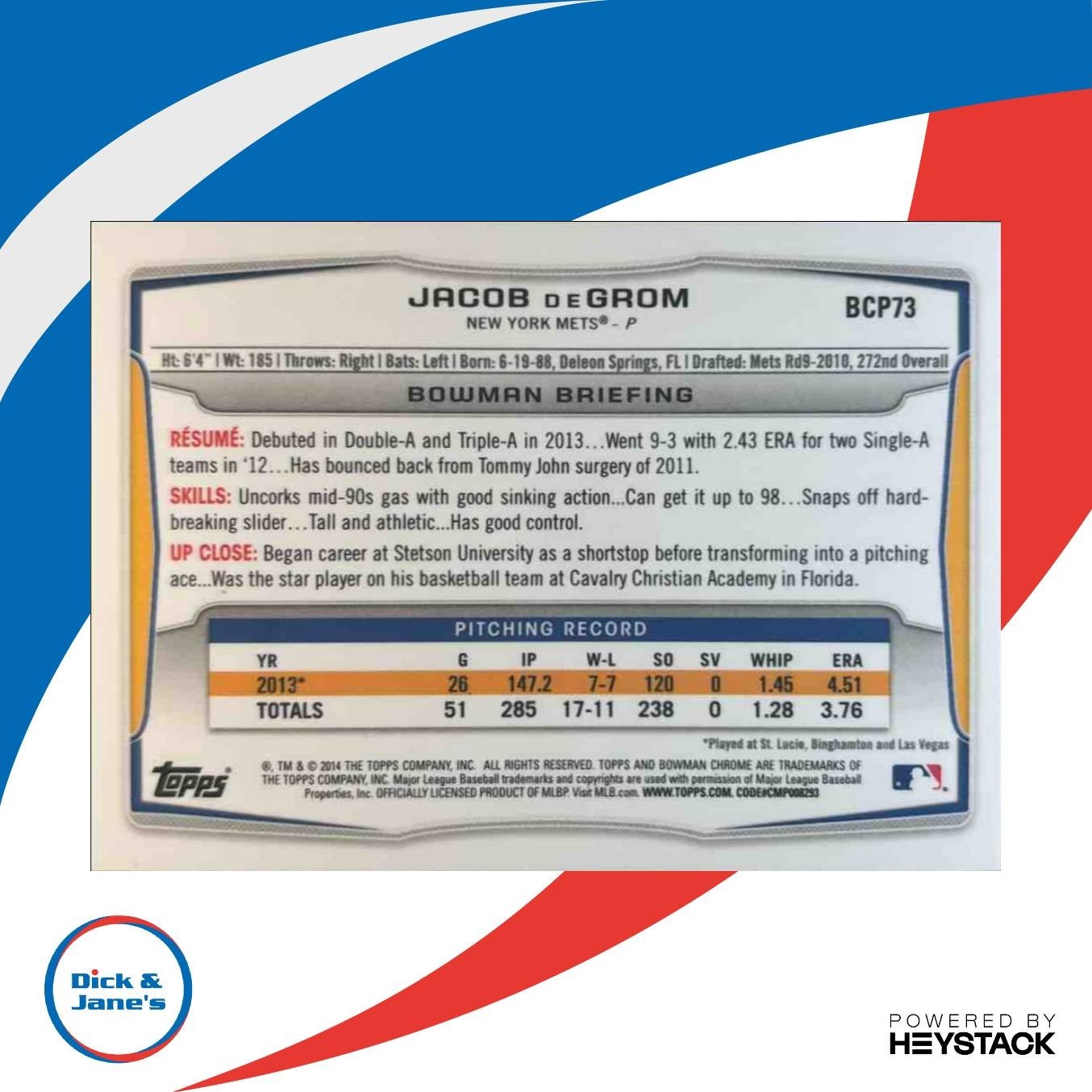 2014 Bowman Jacob deGrom Chrome Prospects #BCP73 RC New York Mets - Sports Cards