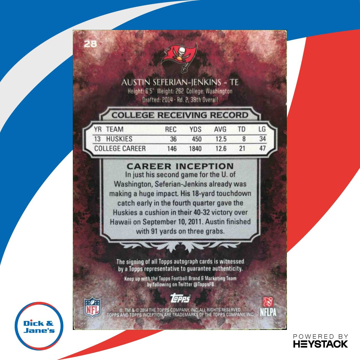 2014 Inception Austin Seferian-Jenkins Rookie Auto #28 RC Tampa Bay Buccaneers - Sports Cards