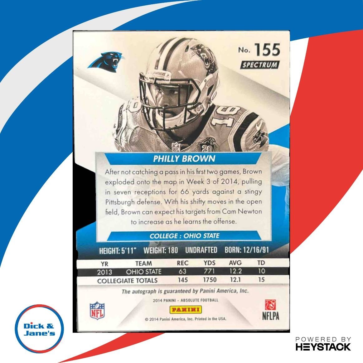 2014 Panini Absolute Philly Brown Silver /99 #155 RC Auto Carolina Panthers - Sports Cards