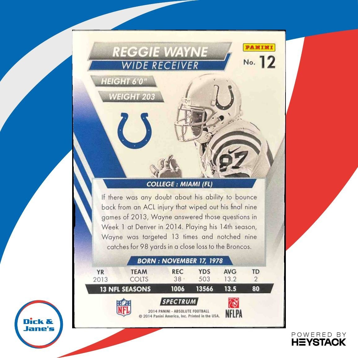 2014 Panini Absolute Reggie Wayne Spectrum Gold 2/25 #12 Indianapolis Colts - Sports Cards