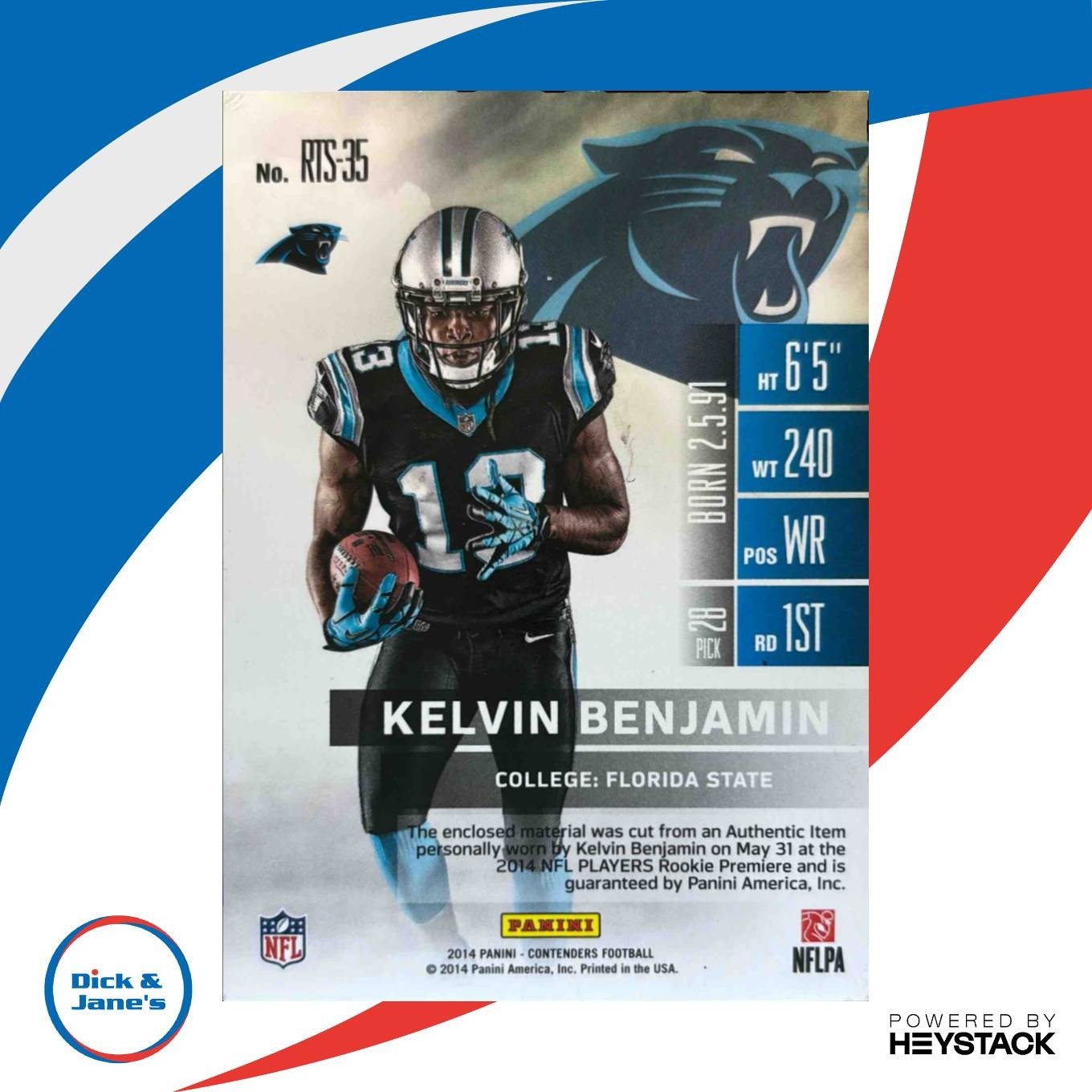 2014 Panini Contenders Kelvin Benjamin Rookie Ticket Swatches RC Panthers - Sports Cards