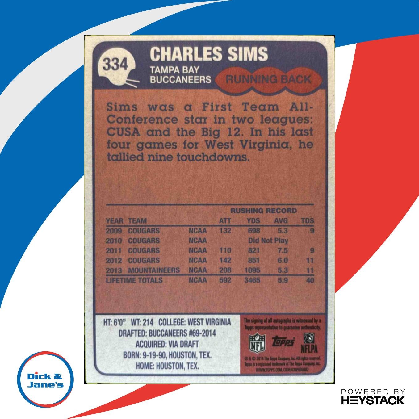 2014 Topps Charles Sims 1985 Auto 3/150 #334 RC Tampa Bay Buccaneers - Sports Cards