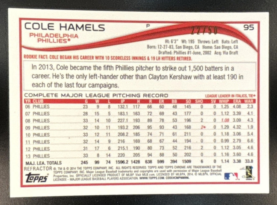 2014 Topps Chrome Cole Hamels Gold Refractor /50 #95 Philadelphia Phillies - Sports Cards