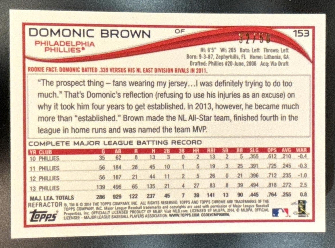 2014 Topps Chrome Domonic Brown Gold Refractor /50 #153 Philadelphia Phillies - Sports Cards