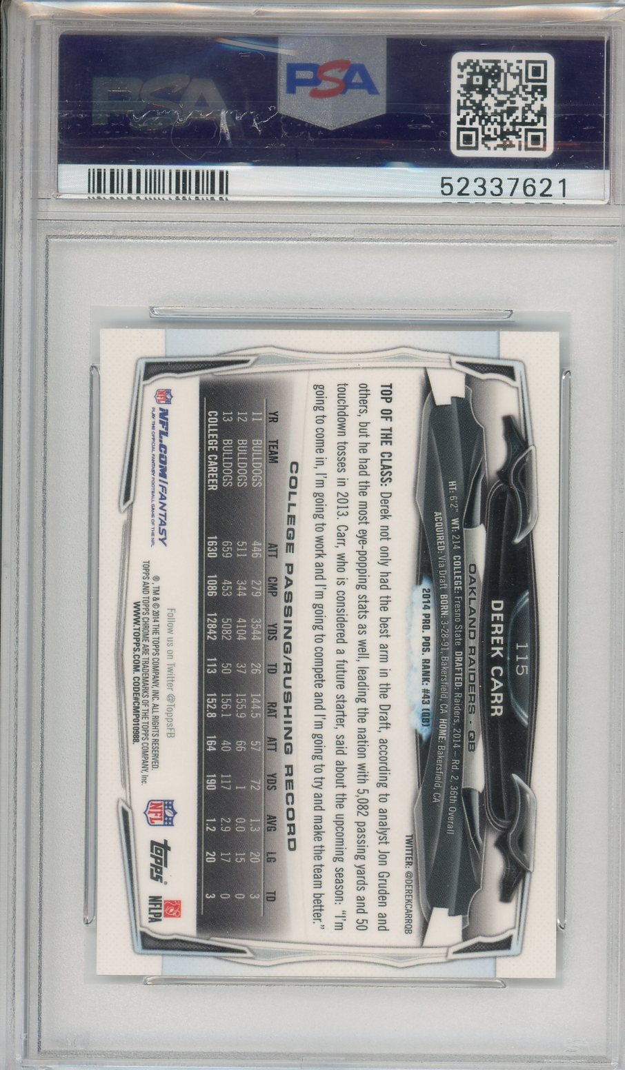 2014 Topps Chrome Mini Derek Carr Without Ball #115 PSA 9 - Graded Sports Cards