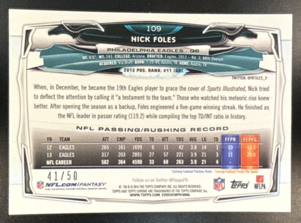 2014 Topps Chrome Nick Foles Gold Refractor /50 #109 Philadelphia Eagles - Sports Cards